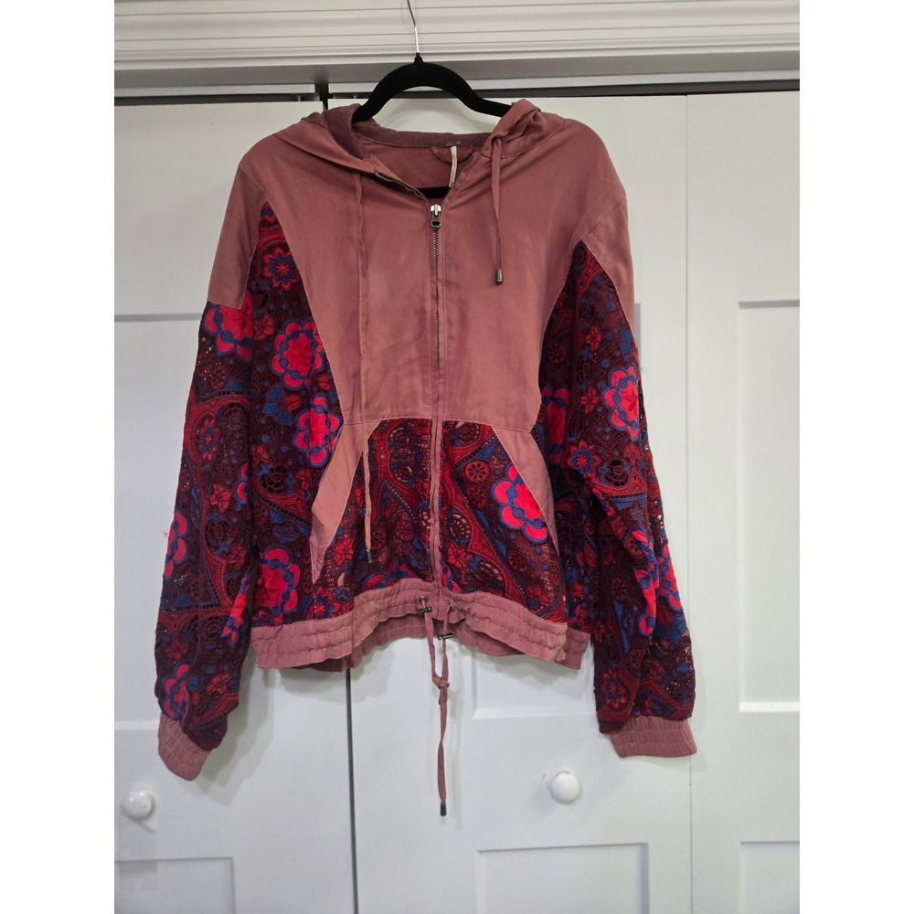 Free People Boho Floral Lace Mix Zip Up Hoodie Jacket Pink Red Blue Medium